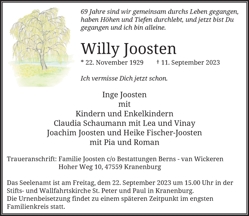  Traueranzeige für Willy Joosten vom 16.09.2023 aus Rheinische Post