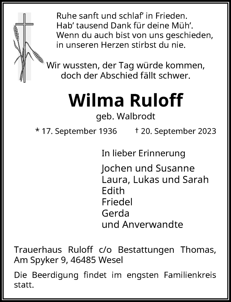  Traueranzeige für Wilma Ruloff vom 23.09.2023 aus Rheinische Post