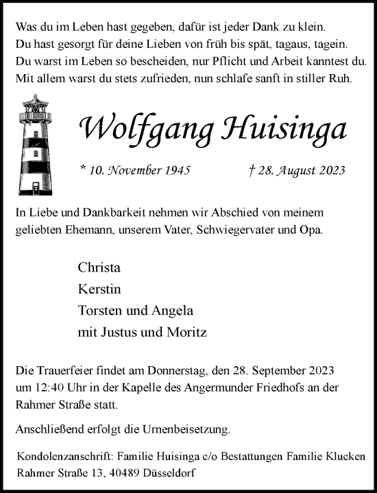 Traueranzeige von Wolfgang Huisinga von Rheinische Post