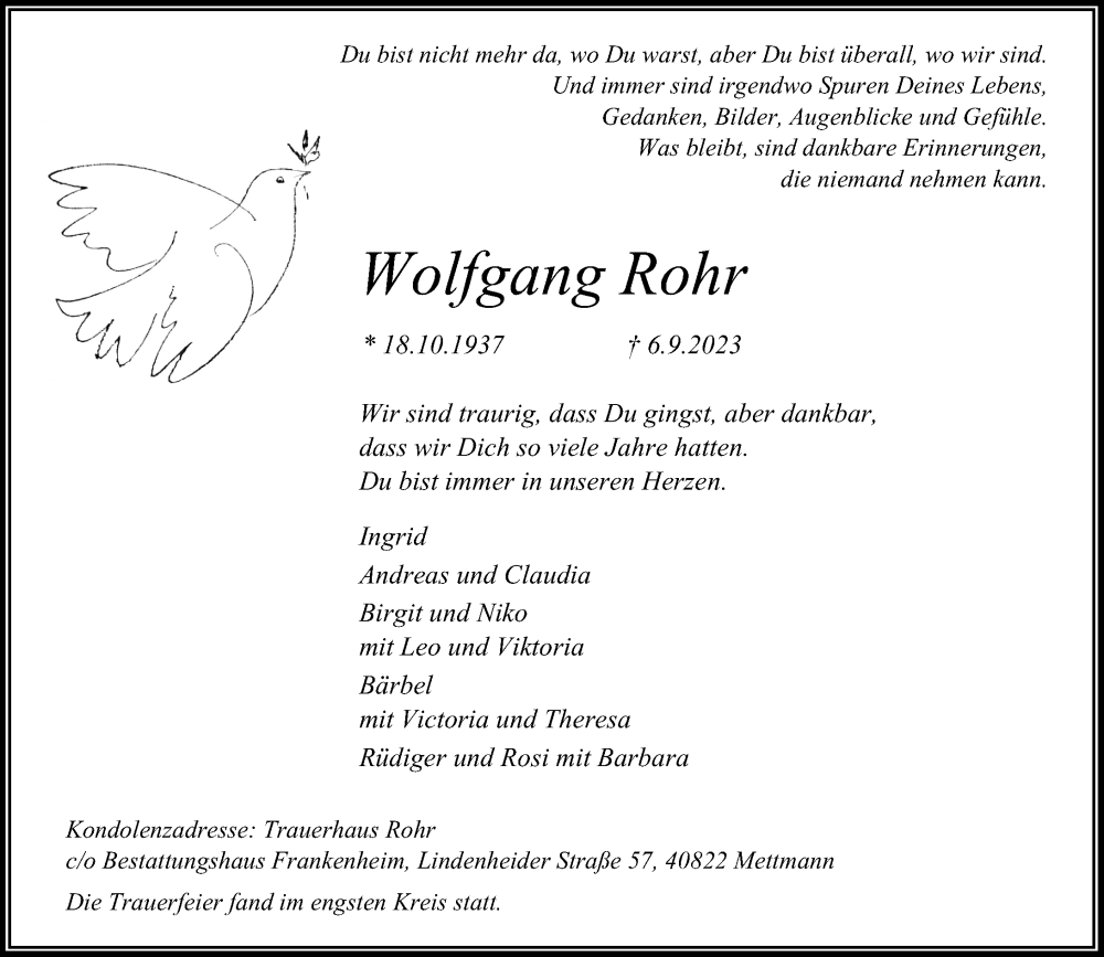  Traueranzeige für Wolfgang Rohr vom 16.09.2023 aus Rheinische Post