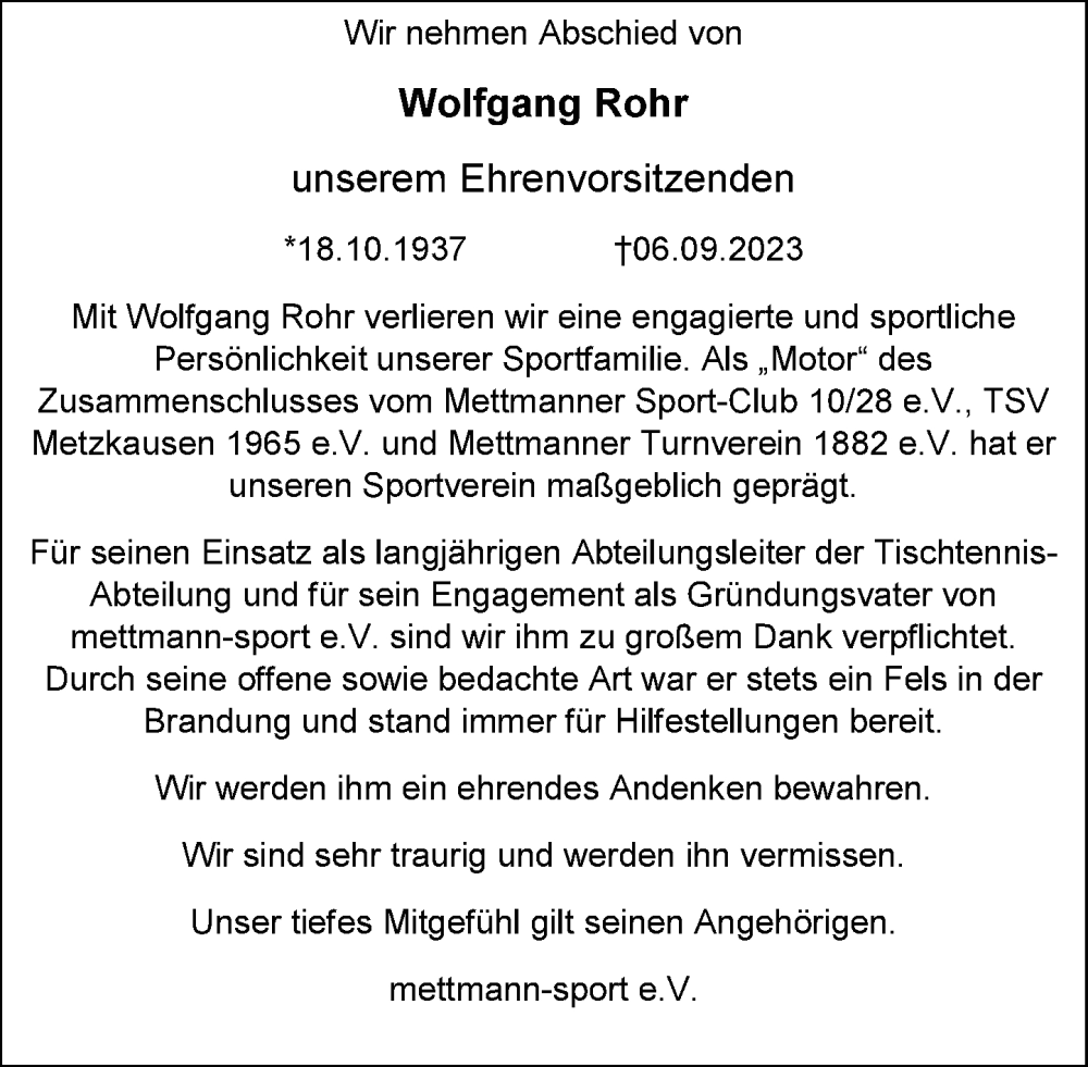  Traueranzeige für Wolfgang Rohr vom 16.09.2023 aus Rheinische Post