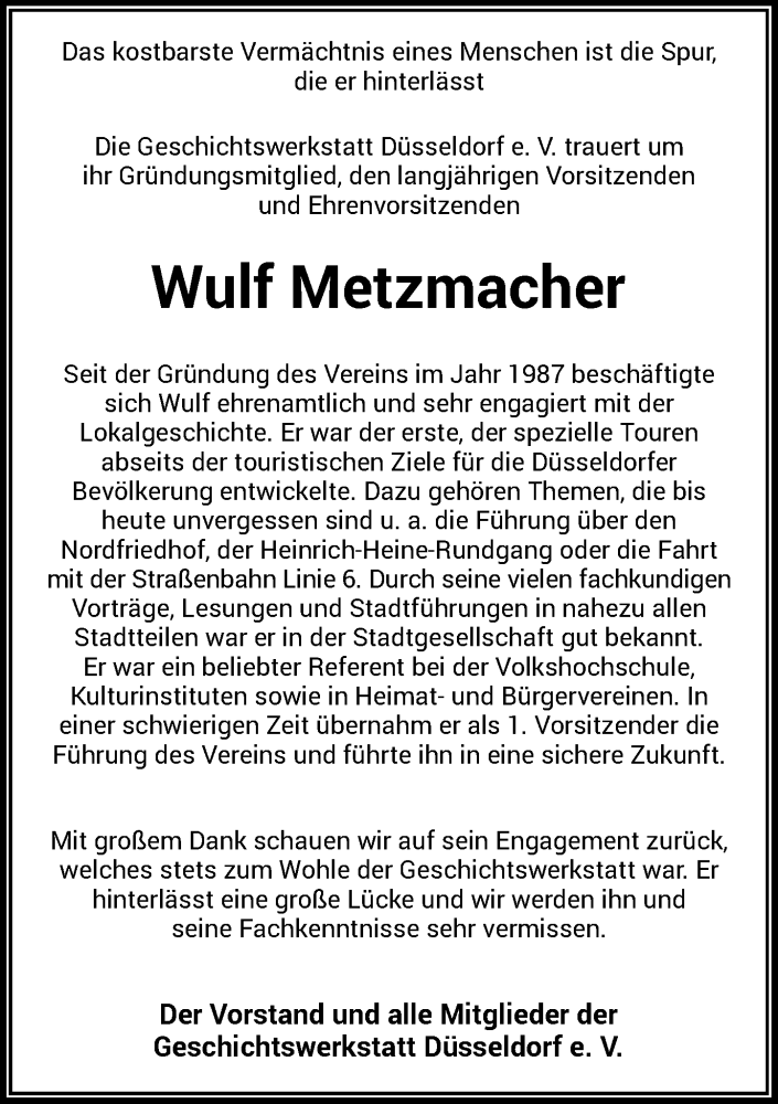  Traueranzeige für Wulf Metzmacher vom 23.09.2023 aus Rheinische Post