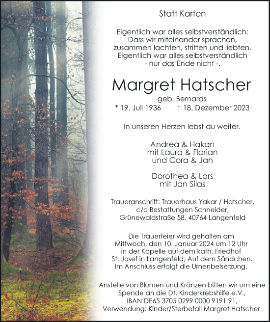 Traueranzeige von Margret Hatscher von Rheinische Post