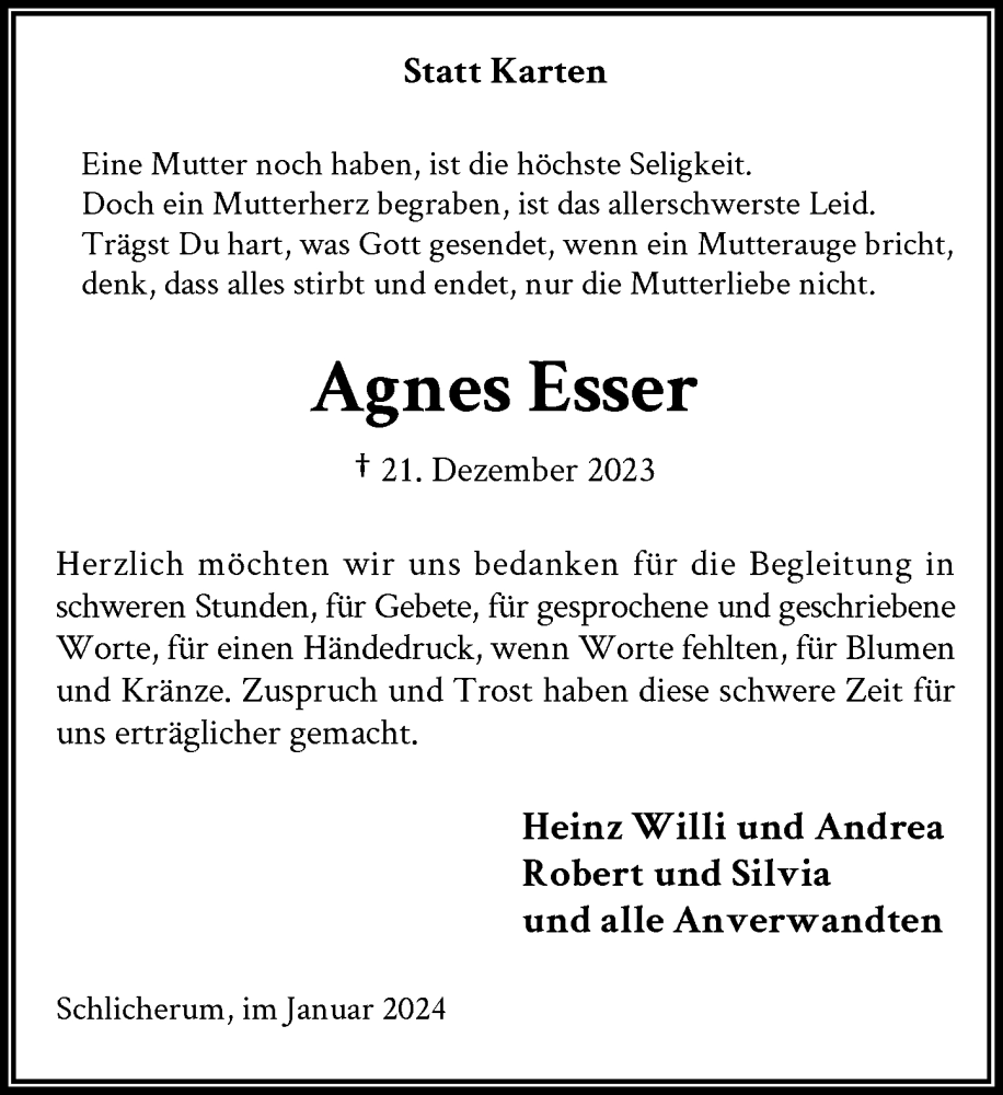 Alle Traueranzeigen für Agnes Esser | trauer.rp-online.de