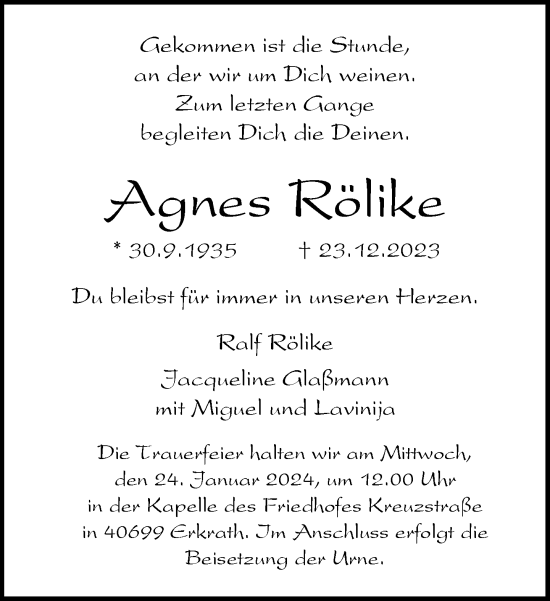 Traueranzeige von Agnes Rölike von Rheinische Post
