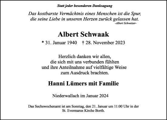 Traueranzeige von Albert Schwaak von Rheinische Post