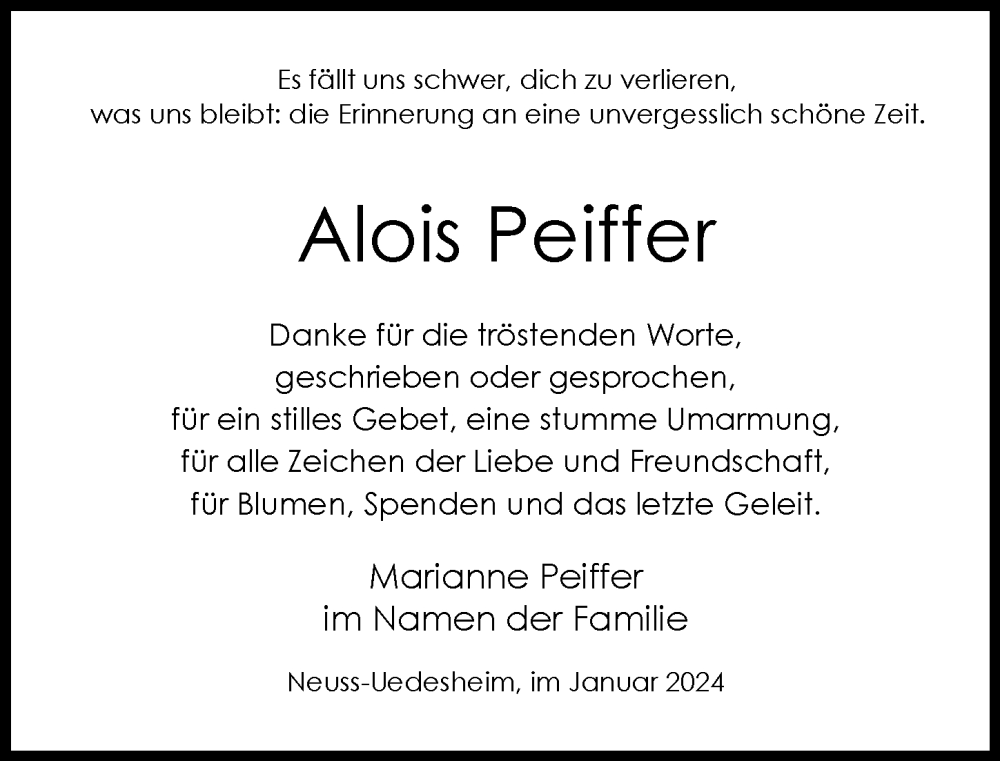  Traueranzeige für Alois Peiffer vom 20.01.2024 aus Rheinische Post