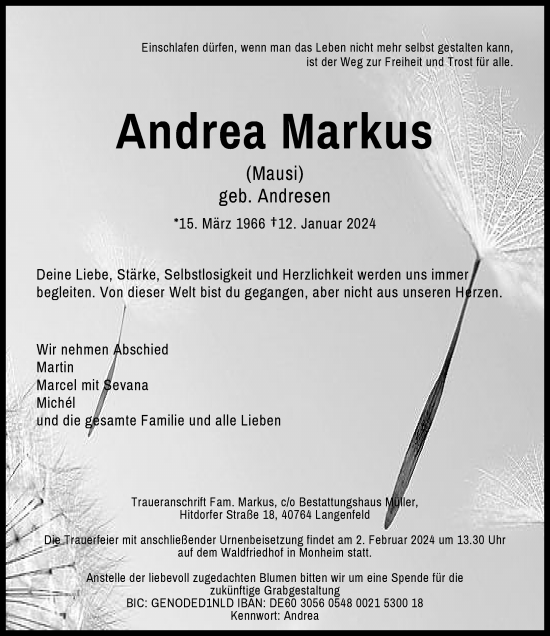 Traueranzeige von Andrea Markus von Rheinische Post