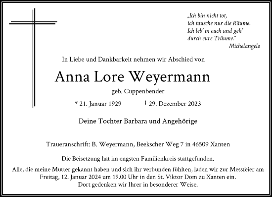 Traueranzeige von Anna Lore Weyermann von Rheinische Post