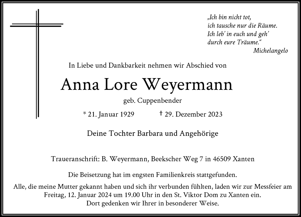  Traueranzeige für Anna Lore Weyermann vom 06.01.2024 aus Rheinische Post