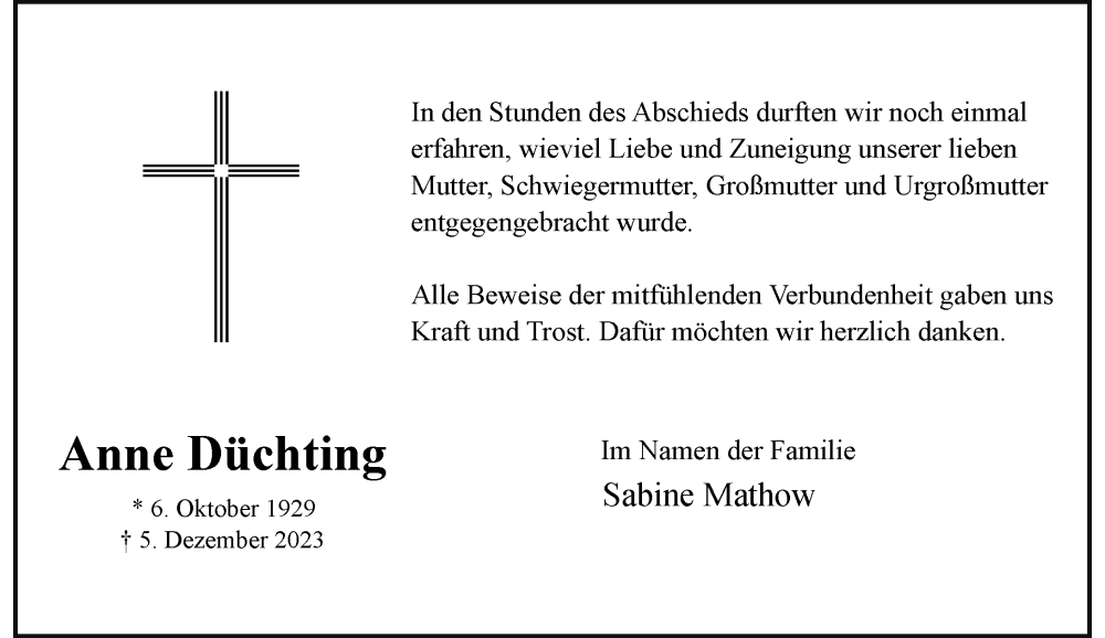  Traueranzeige für Anne Düchting vom 13.01.2024 aus Rheinische Post