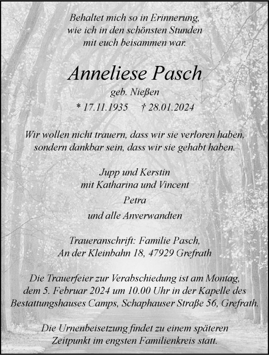 Traueranzeige von Anneliese Pasch von Rheinische Post