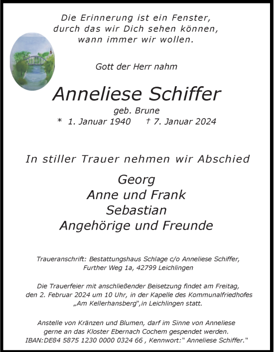 Traueranzeige von Anneliese Schiffer von Rheinische Post