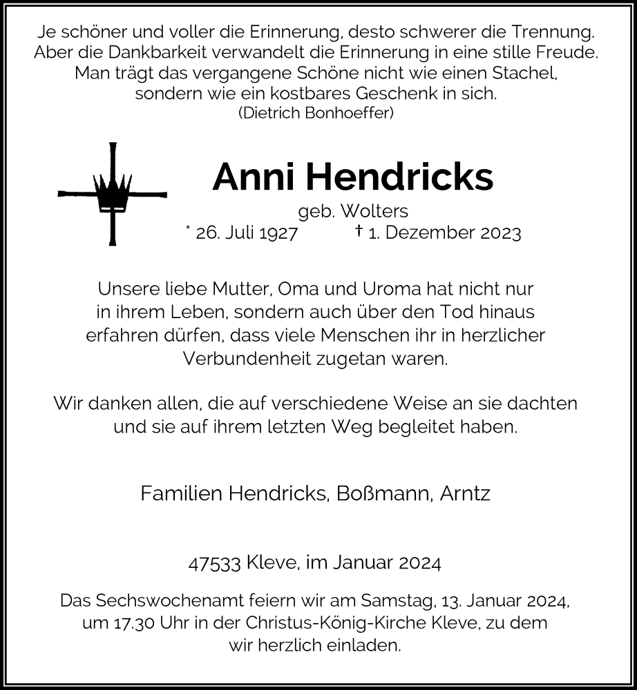  Traueranzeige für Anni Hendricks vom 06.01.2024 aus Rheinische Post