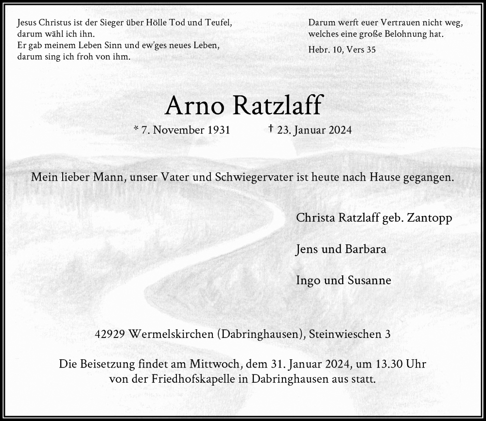  Traueranzeige für Arno Ratzlaff vom 27.01.2024 aus Rheinische Post