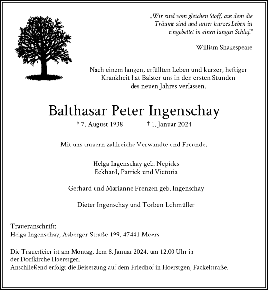 Traueranzeige von Balthasar Peter Ingenschay von Rheinische Post