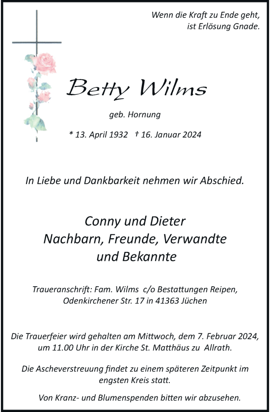 Traueranzeige von Betty Wilms von Rheinische Post