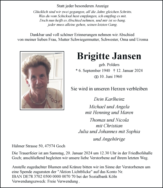 Traueranzeige von Brigitte Jansen von Rheinische Post