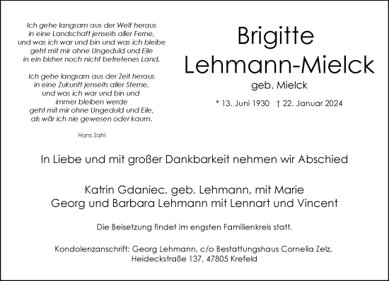 Traueranzeige von Brigitte Lehmann-Mielck von Rheinische Post