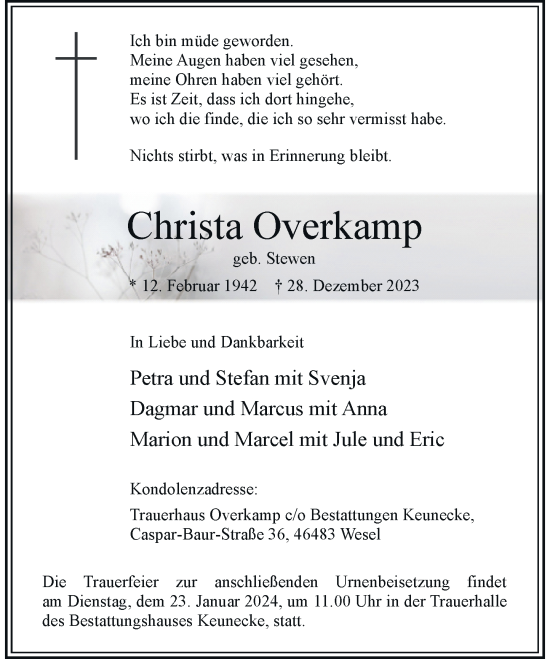 Traueranzeige von Christa Overkamp von Rheinische Post