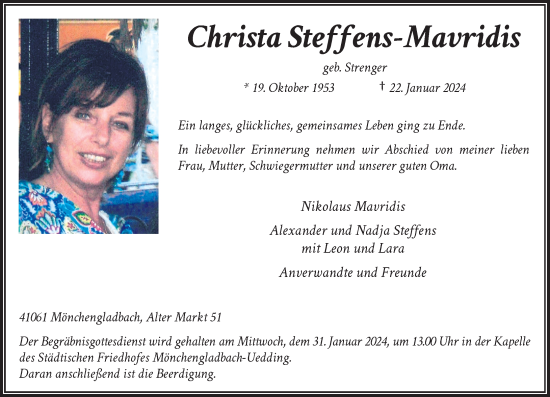 Traueranzeige von Christa Steffens-Mavridis von Rheinische Post