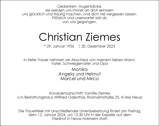 Traueranzeige von Christian Ziemes von Rheinische Post