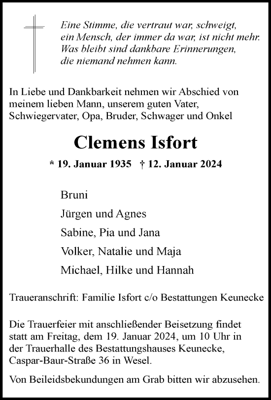 Traueranzeige von Clemens Isfort von Rheinische Post