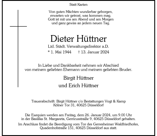Traueranzeige von Dieter Hüttner von Rheinische Post