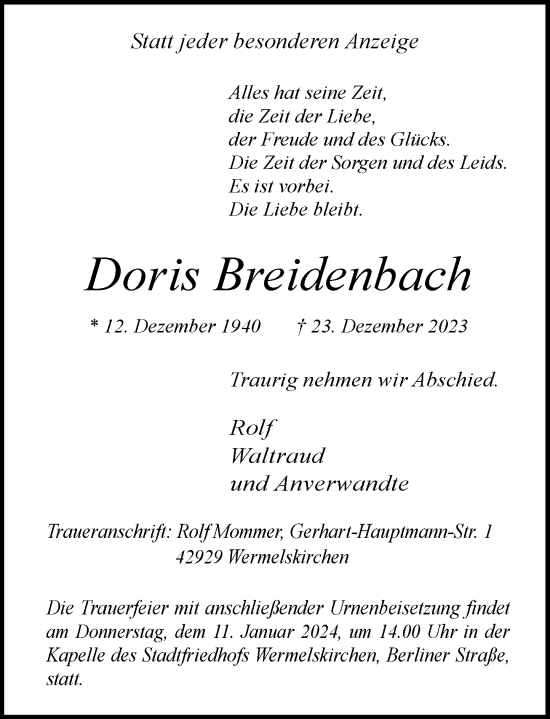 Traueranzeige von Doris Breidenbach von Rheinische Post