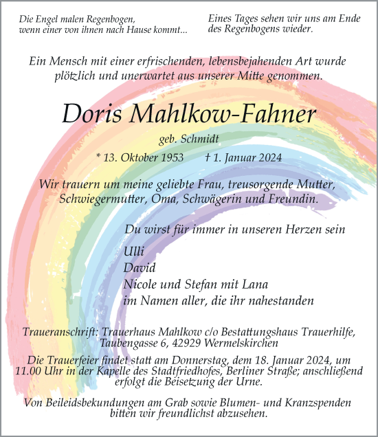 Traueranzeige von Doris Mahlkow-Fahner von Rheinische Post