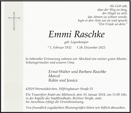 Traueranzeige von Emmi Raschke von Rheinische Post