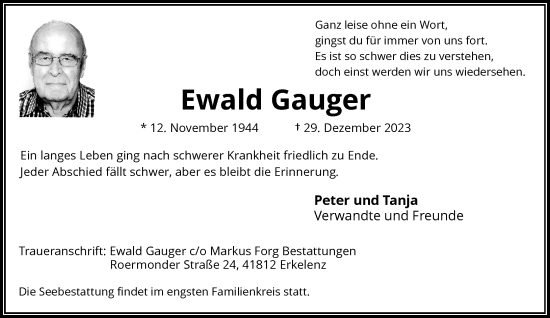 Traueranzeige von Ewald Gauger von Rheinische Post