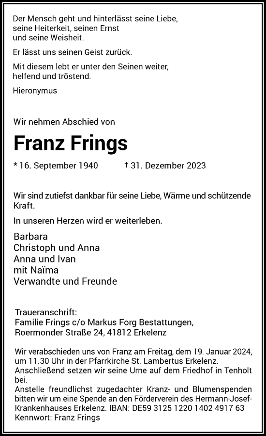 Traueranzeige von Franz Frings von Rheinische Post
