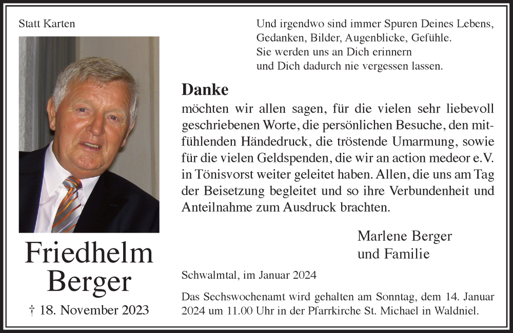  Traueranzeige für Friedhelm Berger vom 10.01.2024 aus Rheinische Post