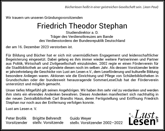 Traueranzeige von Friedrich Theodor Stephan von Rheinische Post