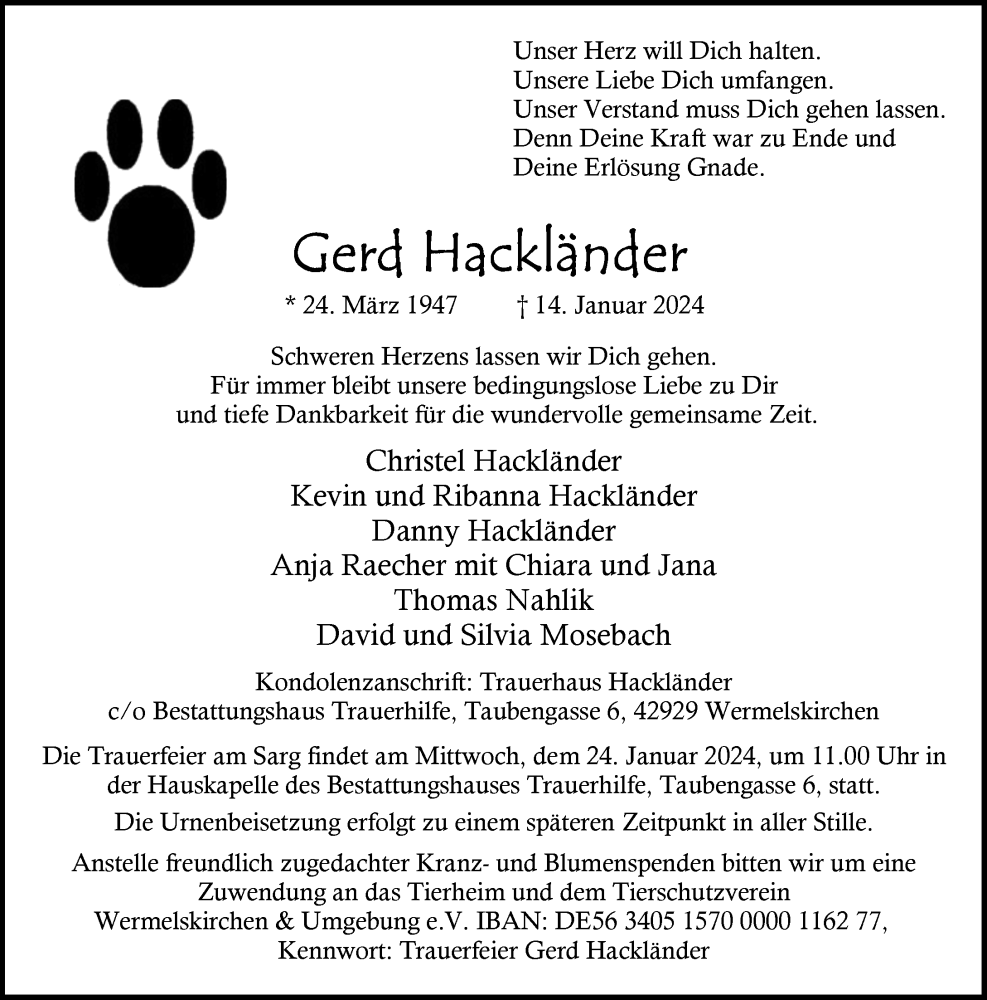  Traueranzeige für Gerd Hackländer vom 20.01.2024 aus Rheinische Post