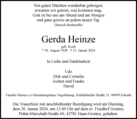 Traueranzeige von Gerda Heinze von Rheinische Post