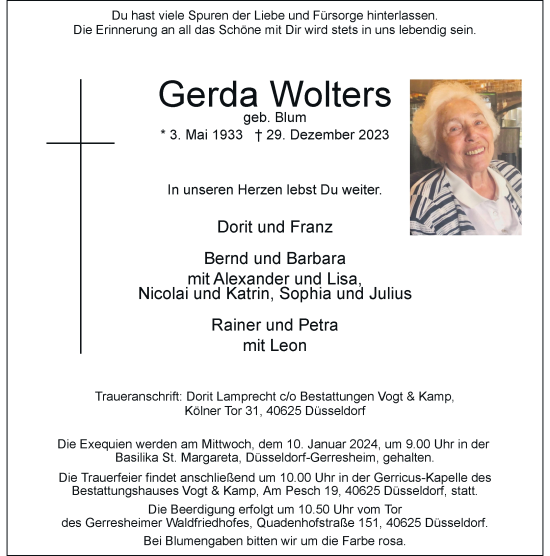 Traueranzeige von Gerda Wolters von Rheinische Post