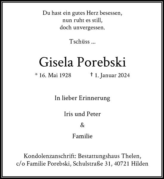 Traueranzeige von Gisela Porebski von Rheinische Post