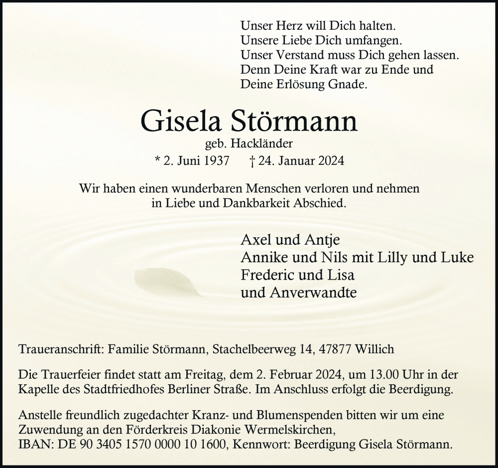  Traueranzeige für Gisela Störmann vom 27.01.2024 aus Rheinische Post