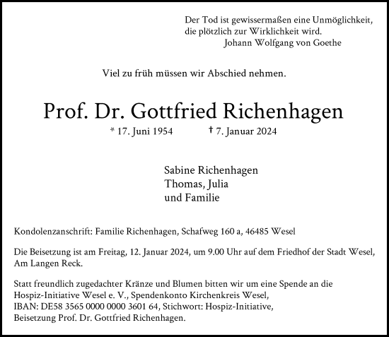 Traueranzeige von Gottfried Richenhagen von Rheinische Post