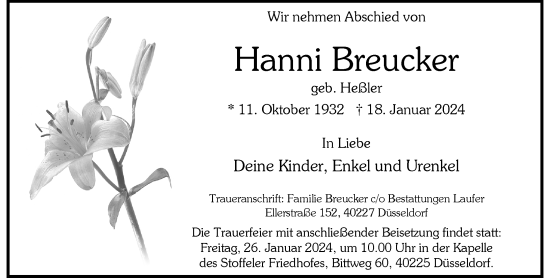 Traueranzeige von Hanni Breucker von Rheinische Post