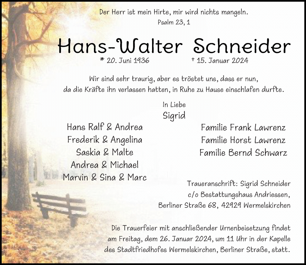  Traueranzeige für Hans-Walter Schneider vom 20.01.2024 aus Rheinische Post