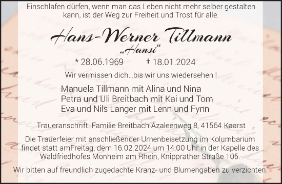 Traueranzeige von Hans-Werner Tillmann von Rheinische Post