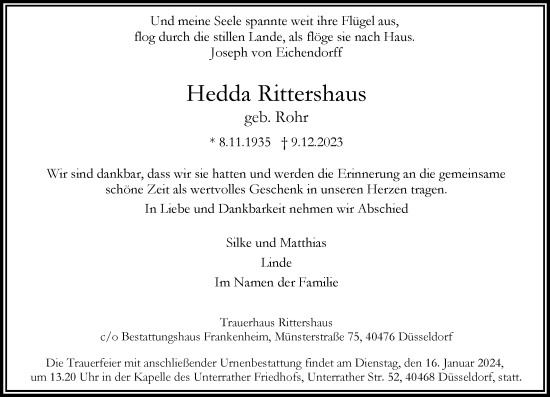 Traueranzeige von Hedda Rittershaus von Rheinische Post