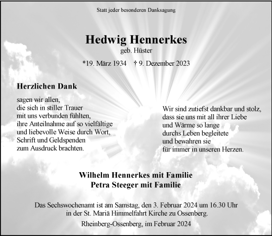 Traueranzeige von Hedwig Hennerkes von Rheinische Post