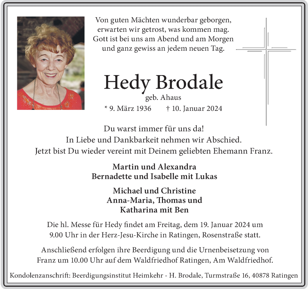  Traueranzeige für Hedy Brodale vom 18.01.2024 aus Rheinische Post