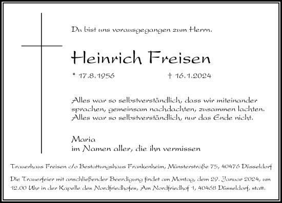 Traueranzeige von Heinrich Freisen von Rheinische Post