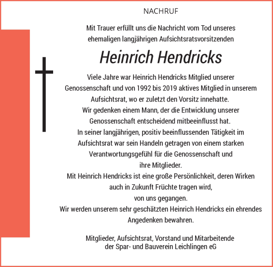 Traueranzeige von Heinrich Hendricks von Rheinische Post