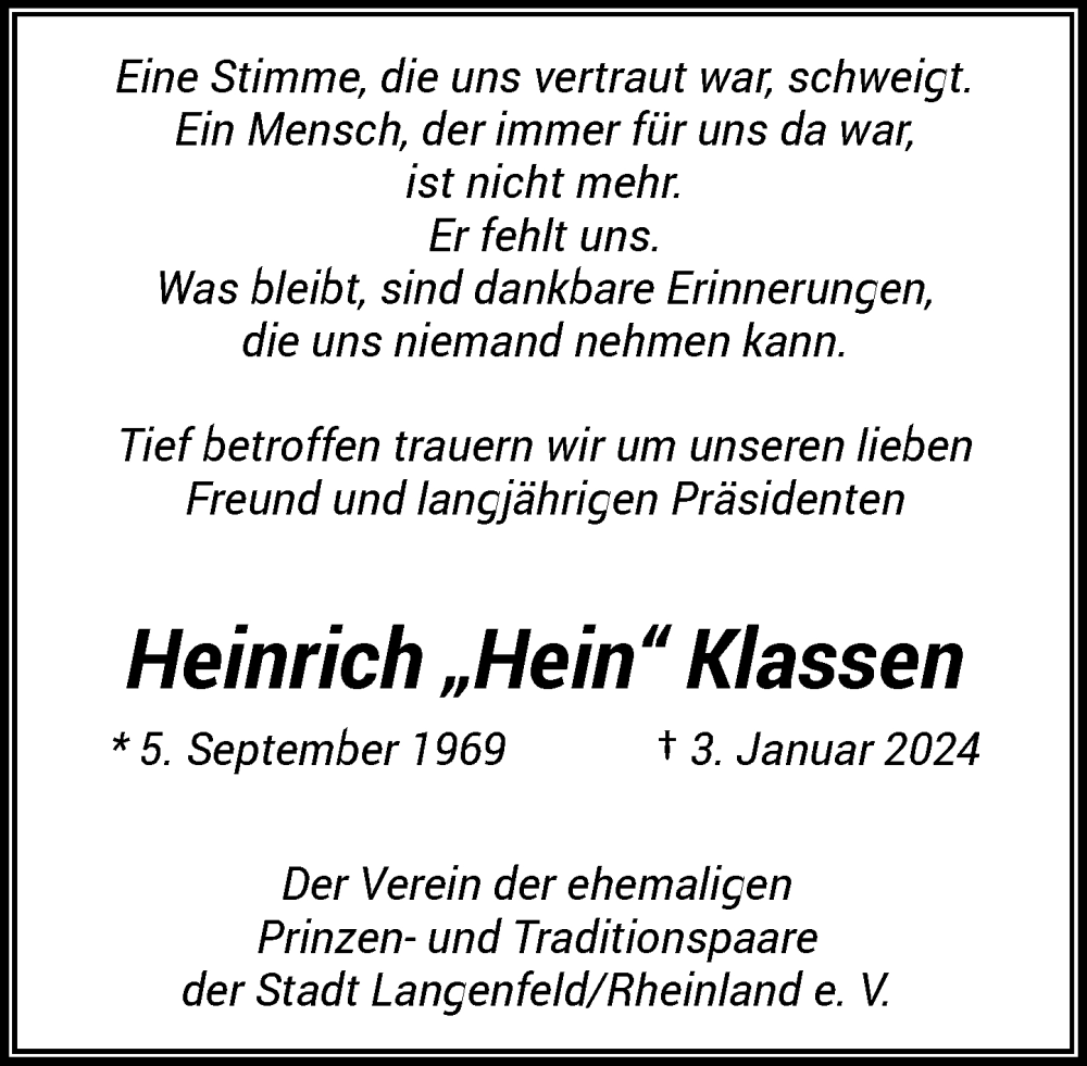  Traueranzeige für Heinrich Klassen vom 10.01.2024 aus Rheinische Post